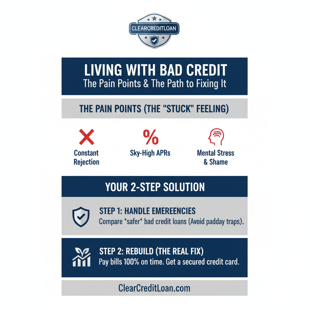 An infographic explaining the pain of living with bad credit and the solutions to fix it.