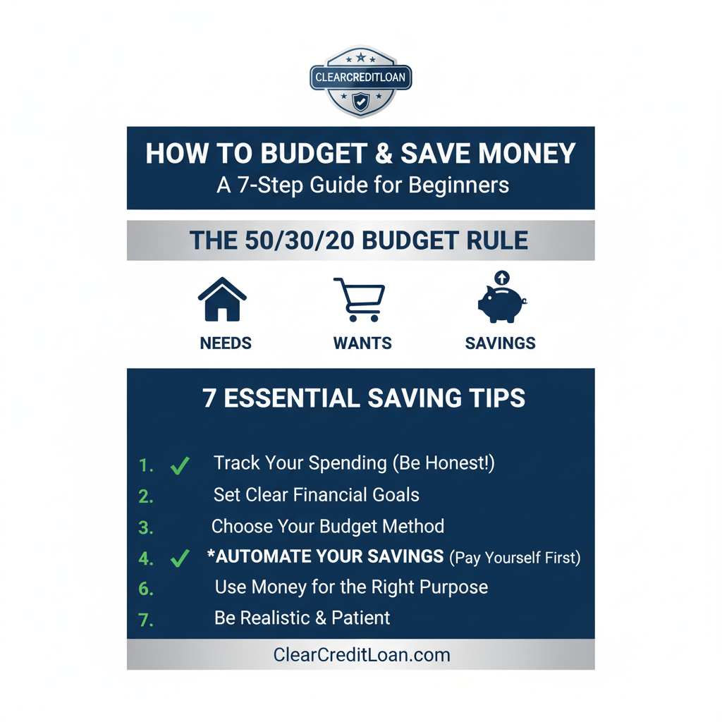 An infographic showing 7 essential tips for how to budget and save money