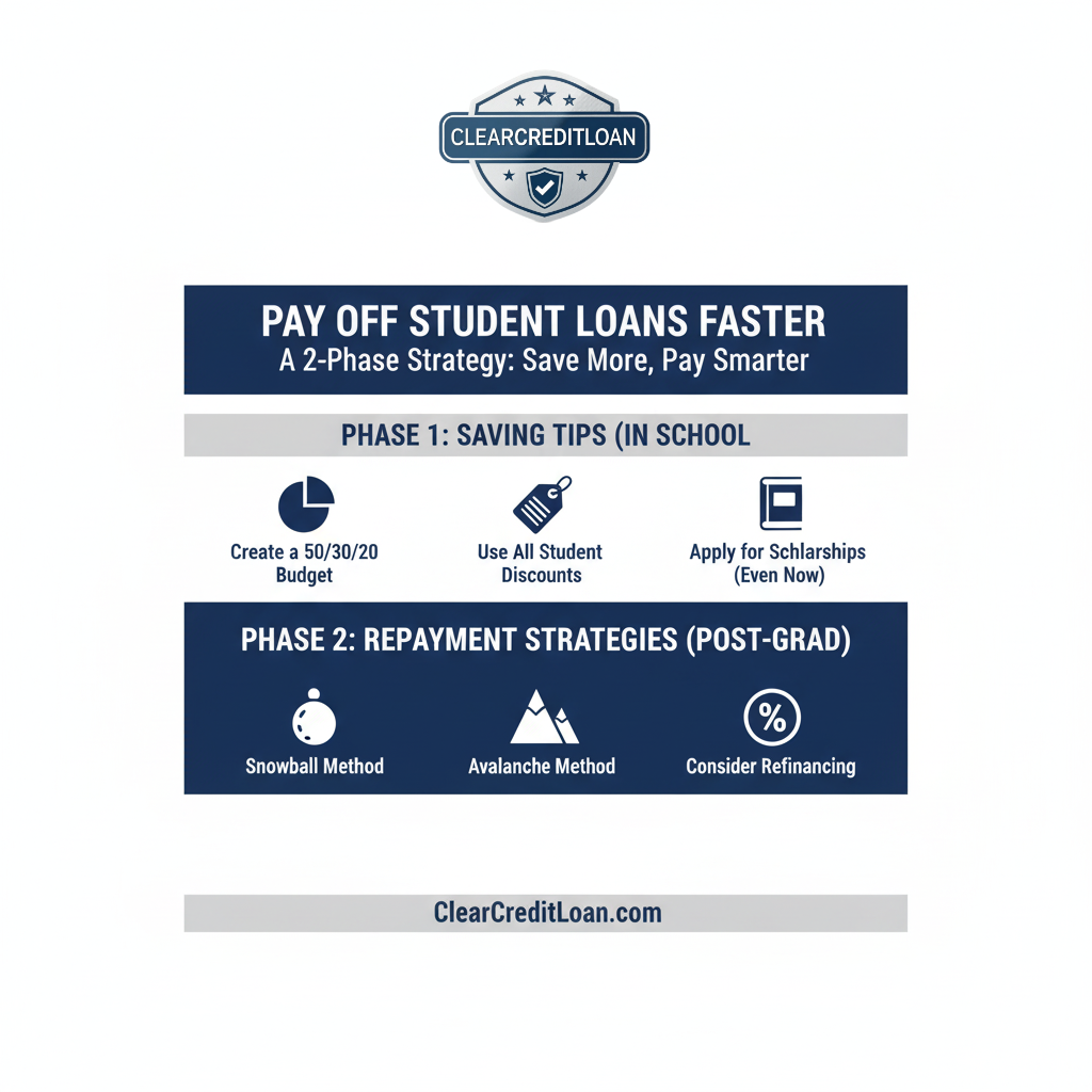 How to Save Money and Pay Off Student Loans Fast Infographic - ClearCreditLoan