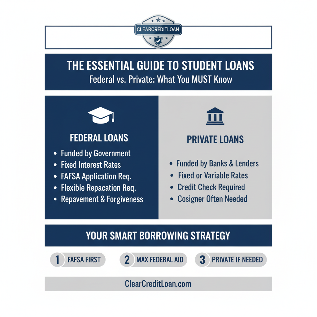 Student Loans 101 Federal vs Private Guide Infographic - ClearCreditLoan