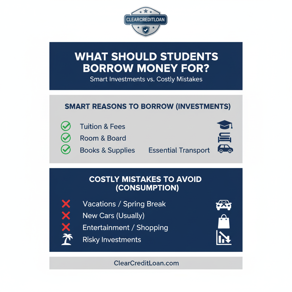Infographic showing smart reasons vs bad reasons for what should students borrow money for