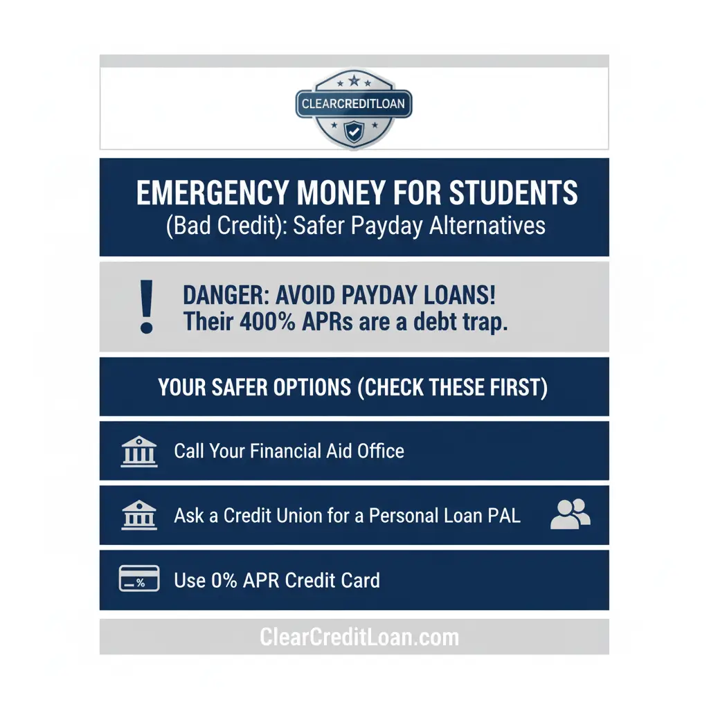A guide to safer emergency loans for students with bad credit and payday alternatives - ClearCreditLoan Infographic