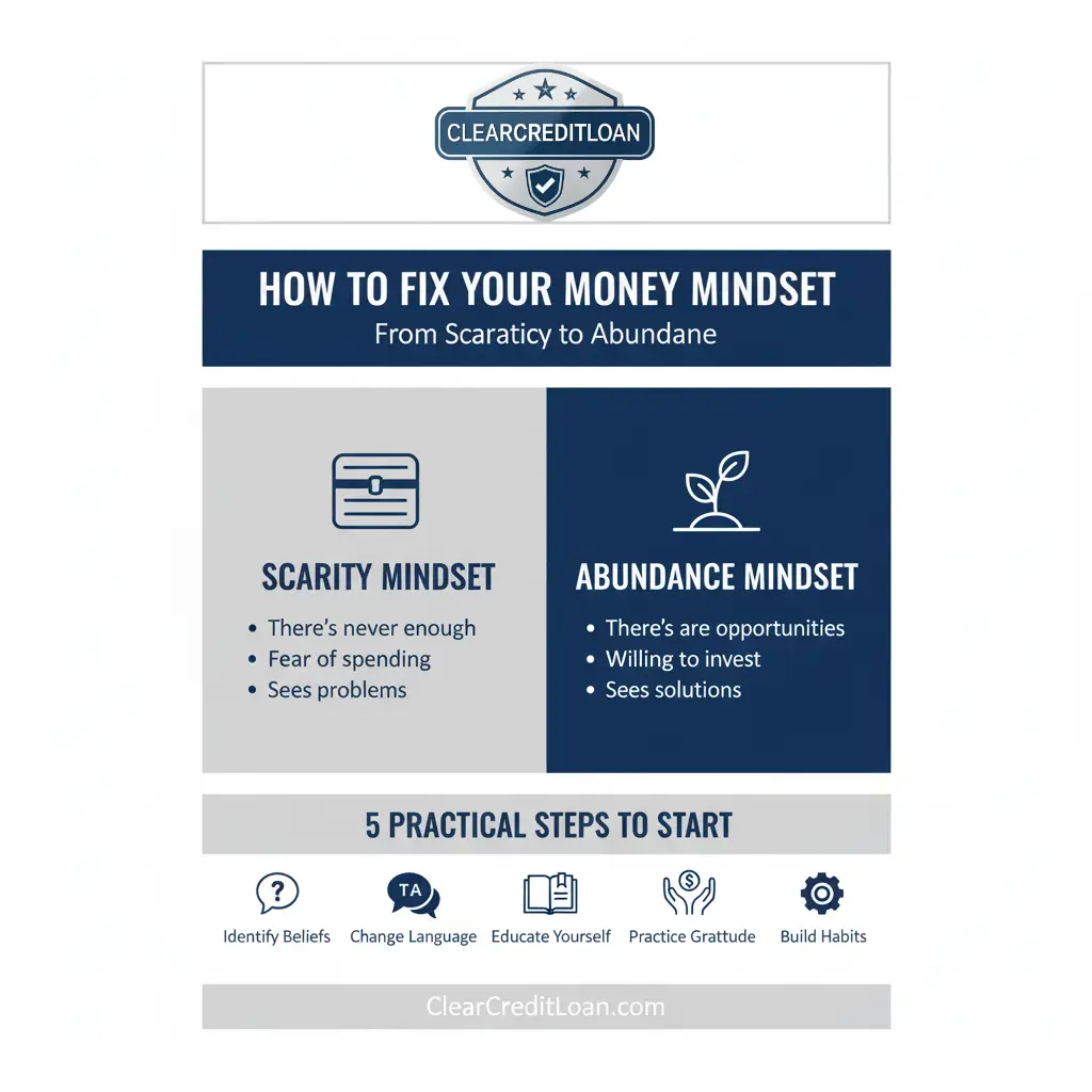 5 Ways to Fix Your Money Mindset from Scarcity to Abundance Infographic - ClearCreditLoan