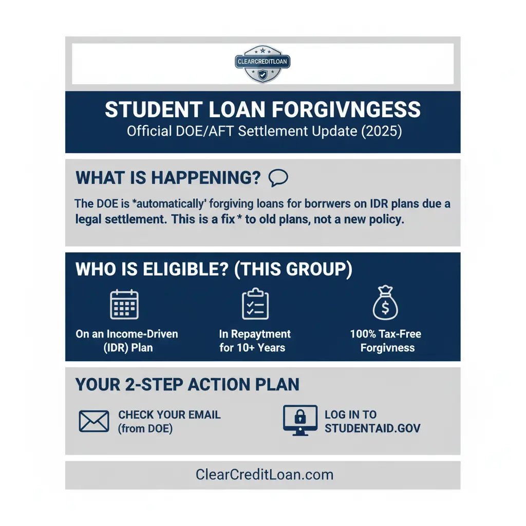 An infographic explaining the new 2025 student loan forgiveness plan for IDR borrowers.