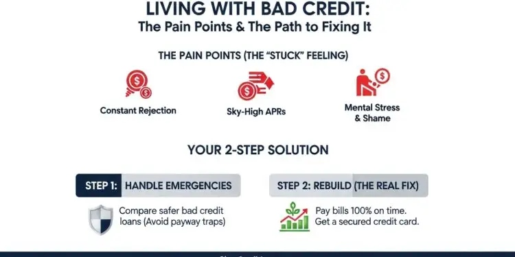 An infographic explaining the pain of living with bad credit and the solutions to fix it.