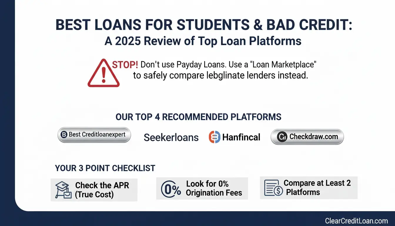 "A professional financial education infographic banner titled 'BEST LOANS FOR STUDENTS & BAD CREDIT: A 2025 Review of Top Loan Platforms'. It features a warning icon with the text 'STOP! Don't use Payday Loans. Use a 'Loan Marketplace' to safely compare legitimate lenders instead.'. The infographic highlights 'OUR TOP 4 RECOMMENDED PLATFORMS' with affiliate brands: 'Best Creditloanexpert', 'Seekerloans', 'Hanfincal', and 'Checkdraw.com' presented in small, silver-colored boxes. It also includes 'YOUR 3-POINT CHECKLIST' with icons for 'Check the APR (True Cost)', 'Look for 0% Origination Fees', and 'Compare at Least 2 Platforms'. The design is clean and authoritative, using a color palette of navy blue, silver/light gray, and white. The overall background of the infographic elements should be clean and white, with a footer showing 'ClearCreditLoan.com'."