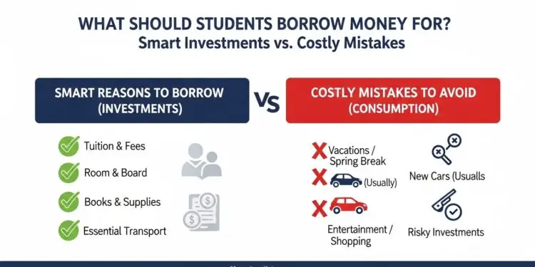 Infographic showing smart reasons vs bad reasons for what should students borrow money for
