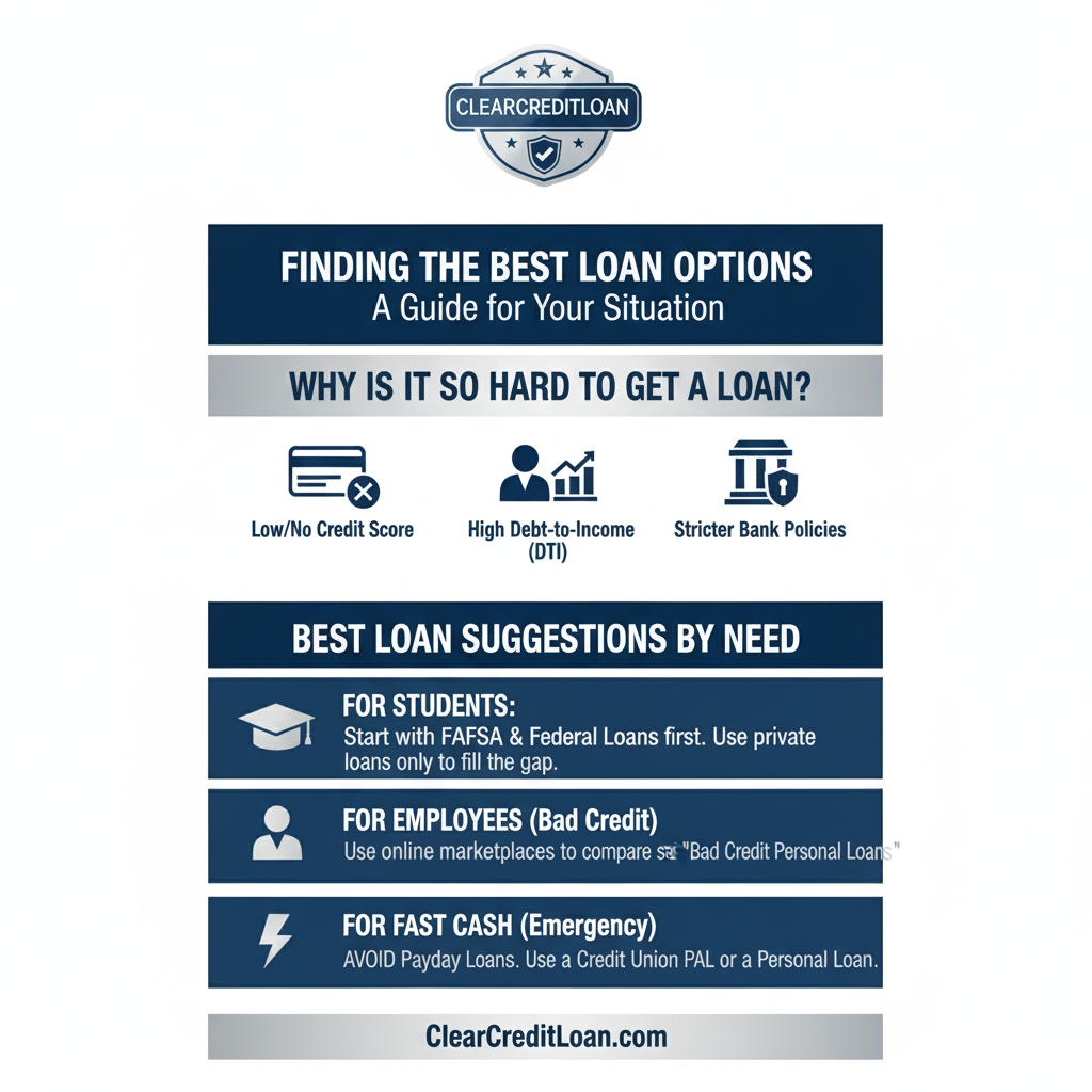 An infographic guide to the best loan options for students, employees, and fast cash needs.