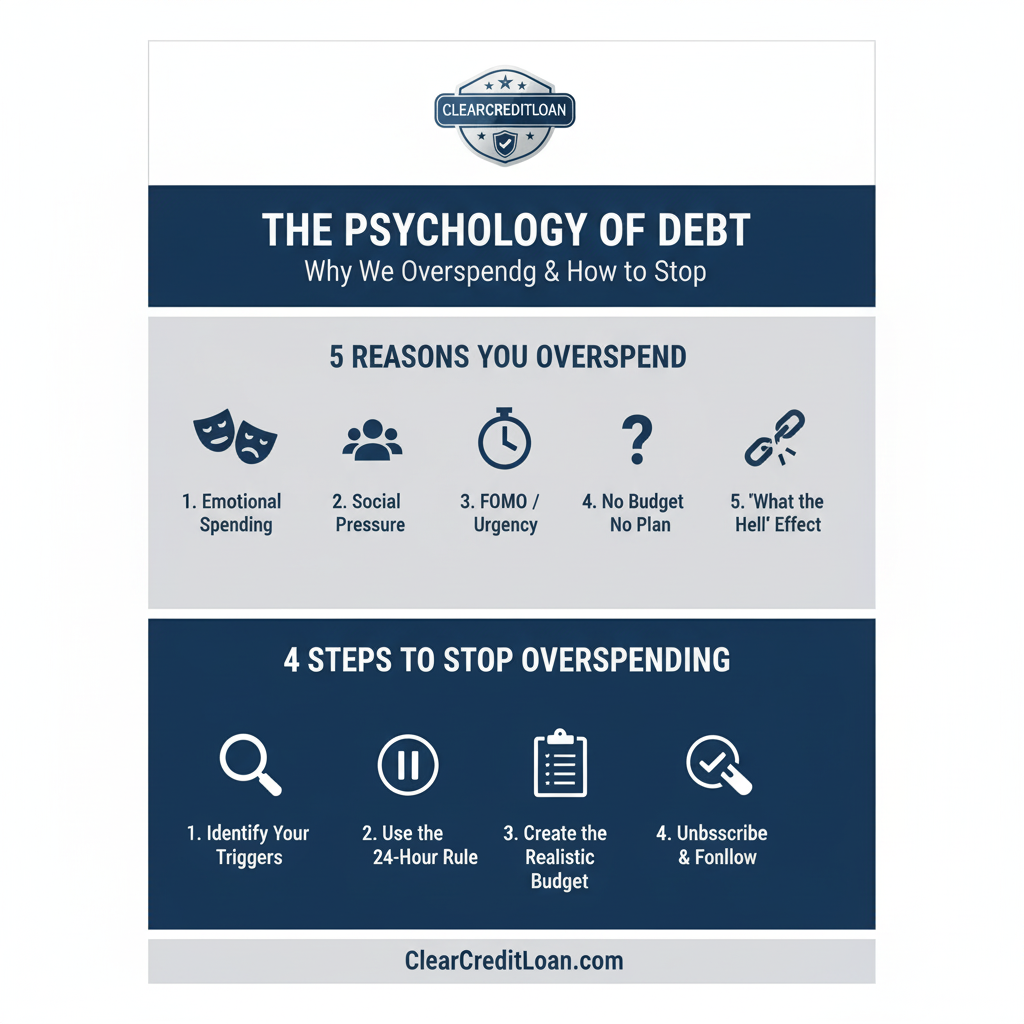 An infographic explaining the psychology of debt and 5 reasons we overspend