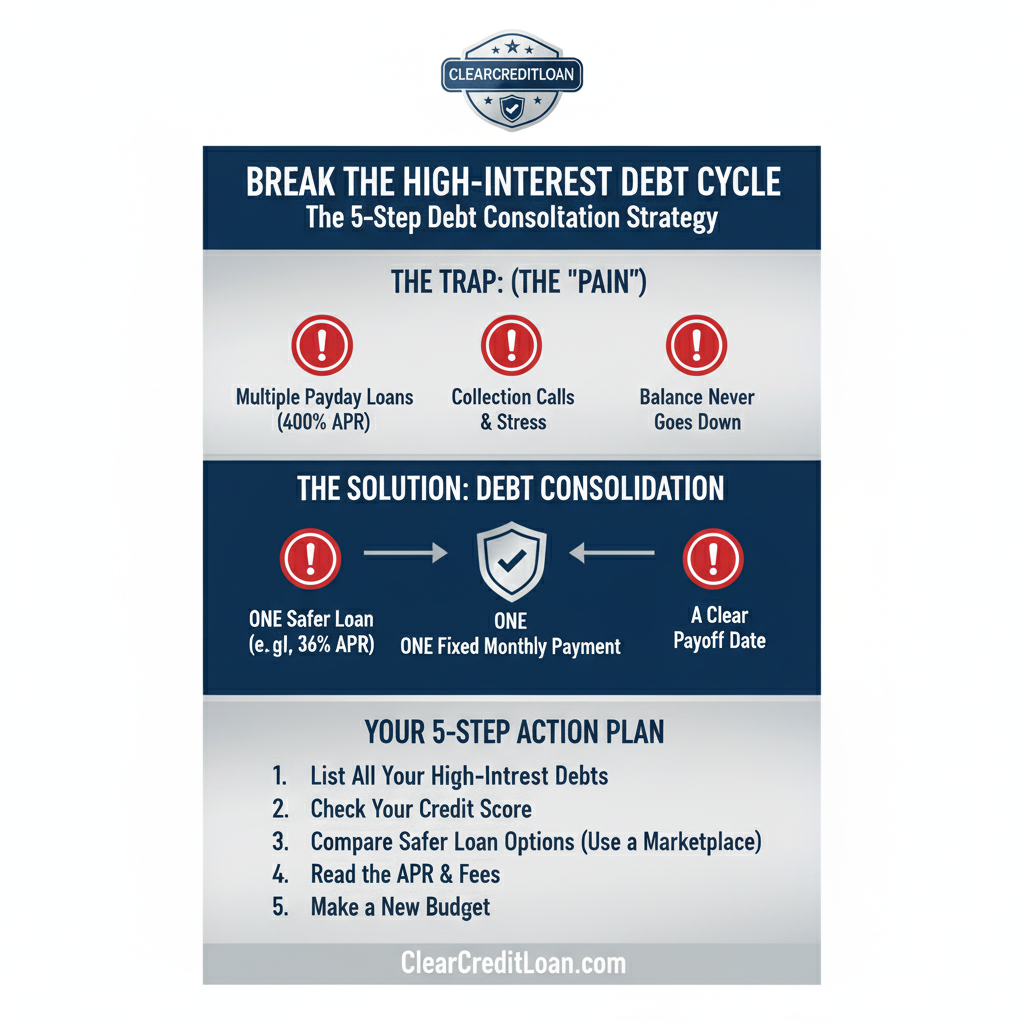 An infographic explaining how debt consolidation for high-interest loans can break the debt cycle