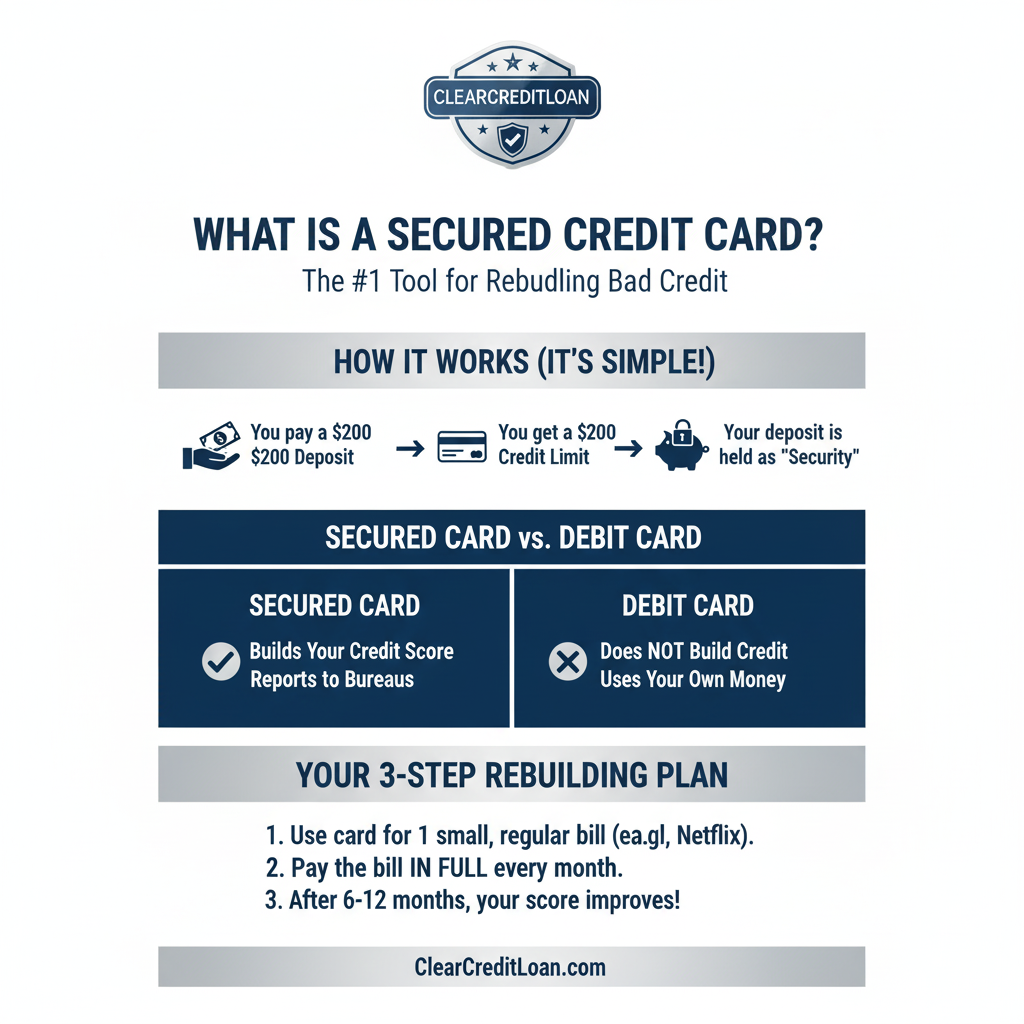 An infographic explaining what is a secured credit card and how it helps rebuild bad credit