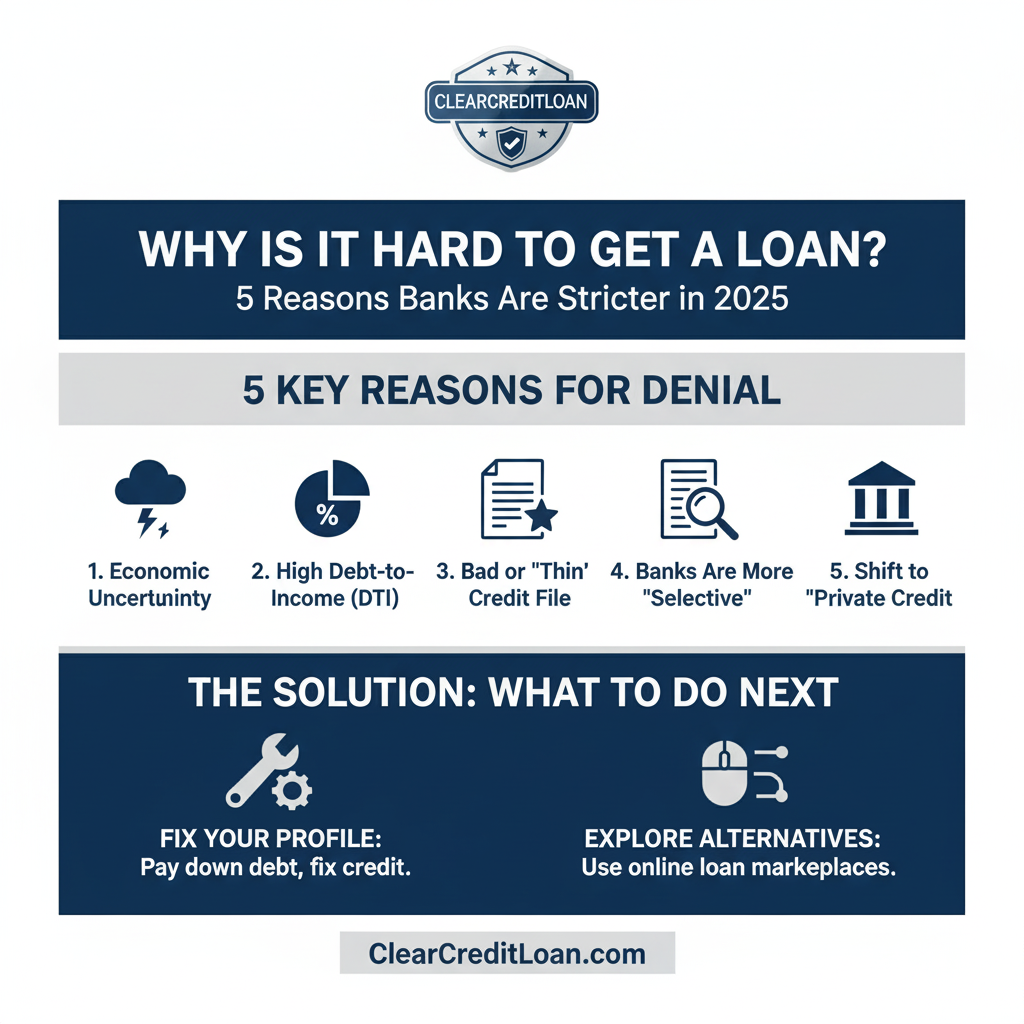 An infographic explaining the 5 reasons why is it hard to get a personal loan in 2025.