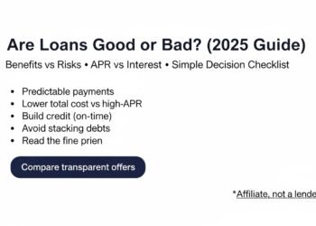 Are loans good or bad? A 2025 infographic showing benefits, risks, APR vs interest, and a responsible borrowing checklist.