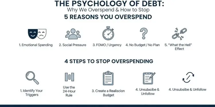 An infographic explaining the psychology of debt and 5 reasons we overspend