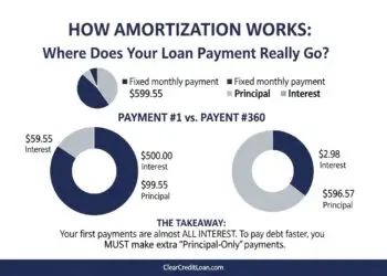 An infographic explaining how amortization works by showing principal vs interest payments over time.