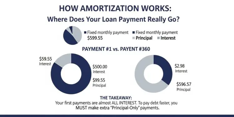An infographic explaining how amortization works by showing principal vs interest payments over time.