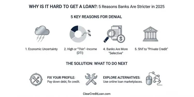 An infographic explaining the 5 reasons why is it hard to get a personal loan in 2025.
